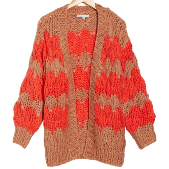 THE CASHMERE PROJECT Hand Knit Chevron Open Front Chunky Sweater Cardigan - Picture 4 of 7